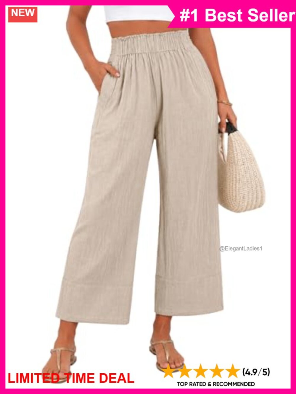 Womens Linen Cotton Wide Leg Cropped Pants Elastic Waist Flowy Palazzo Trousers